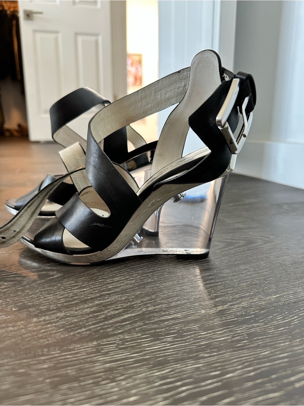 Michael Kors Black Leather Strappy Wedge Sandals with Silver Wedge